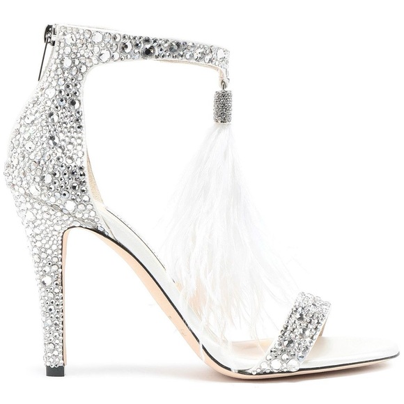Jimmy Choo Shoes - EUC JIMMY CHOO Viola Crystal Embellished feather-trimmed satin sandals $2,295